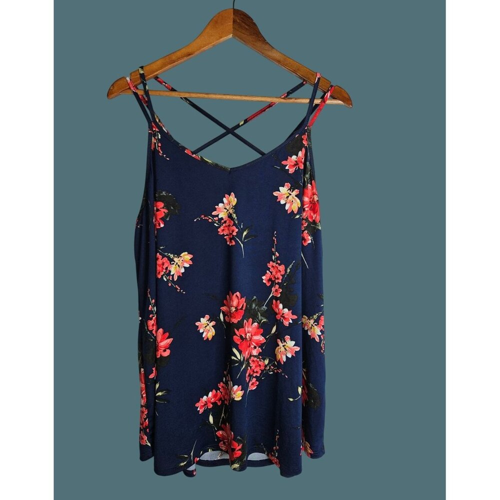 Papermoon Basima Strappy Back Knit Navy Pink Floral Tank Women Plus 2X - Picture 1 of 5